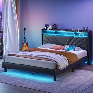Rolanstar Full Size Bed Frame, Storage Headboard with Charging Station and LED Lights, Upholstered Bed with Heavy Duty Wood Slats, No Box Spring Needed, Noise Free, Easy Assembly, Black