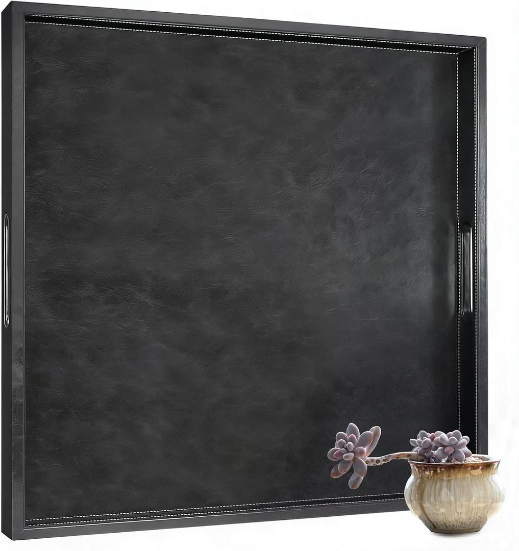 16x16 inches Square Leather Ottoman Serving Tray with Hole Handles, Modern Minimalist Service Tray for Living Room, Coffee Table, Bed, Tea, Food, Butler Countertop, Kitchen, Dinner, Picnic (Black)