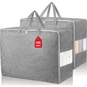 2Pack 105L Extra Large Storage Bags, Folding Moving Comforter Blanket Storage Bags Closet Organizers and Storage Containers for Clothes with Strong Handles & Zippers Clear Window for Bedding Pillow Grey