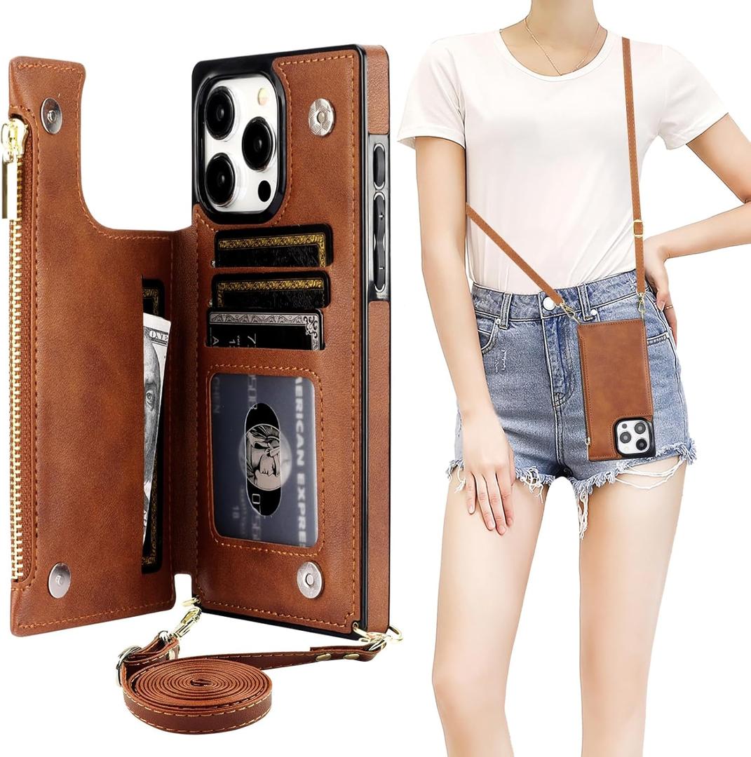 Bocasal Crossbody Wallet Case for iPhone 15 Pro Max with RFID Blocking Card Slot Holder, Magnetic Flip Folio Purse Case, PU Leather Zipper Handbag with Detachable Lanyard Strap 6.7 Inch 5G (Brown)