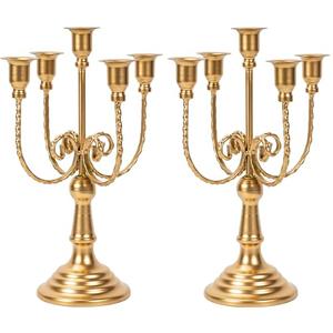 2Pcs Gold Candelabras Centerpieces for Tables, 11.8" Candlestick Holder for Taper Candles, 5 Arm Brass Candelabra Candle Holder for Wedding Centerpiece Decor Party Event Reception Decoration