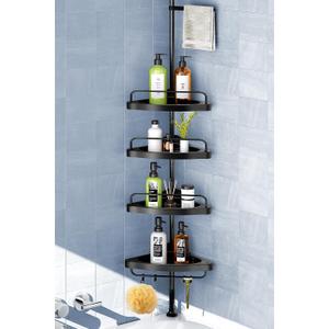 HAMITOR Corner Shower Caddy Tension Pole: Adjustable Stainless Steel Shower Organizer 4 Tier Shelf for Bathroom Bathtub Shampoo -Floor Standing Rack Bath Storage Holder with Rust Proof Rods - Black (B-black)