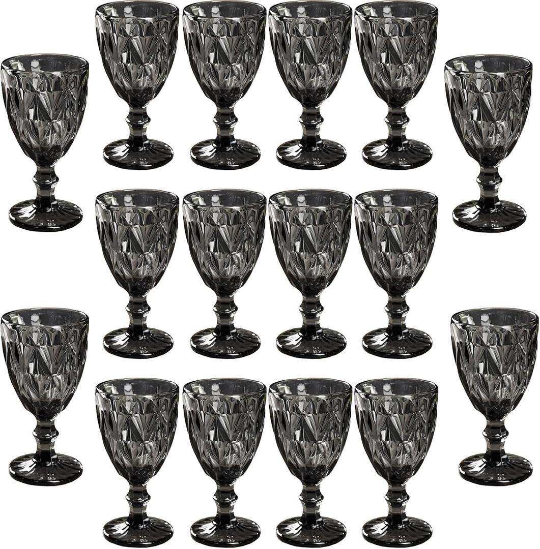16 Pack Vintage Wine Glasses, Plastic Reusable 12 Ounce Colored Water Goblets, Unique Embossed Pattern Unbreakable Stemmed Wine Glasses, High Clear Wedding Party Bar Drinking Cups Black