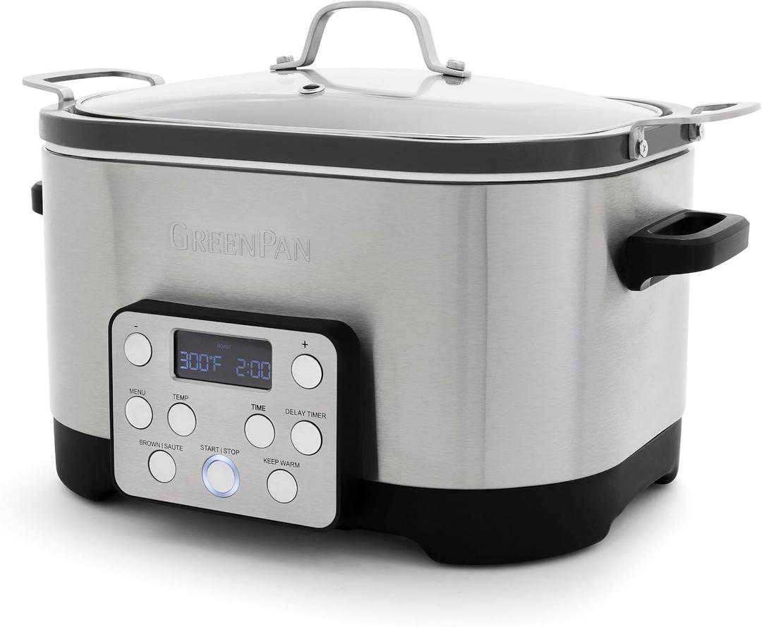 GreenPan Electric 6QT Slow Cooker with Lid, Ceramic Nonstick PFAS-Free Removable Pot, 5-in-1 Multifunction Design, In-Pot-Browning, Keep Warm, Dishwasher & Oven Safe Inner Bowl, Stainless Steel, 6 Quarts