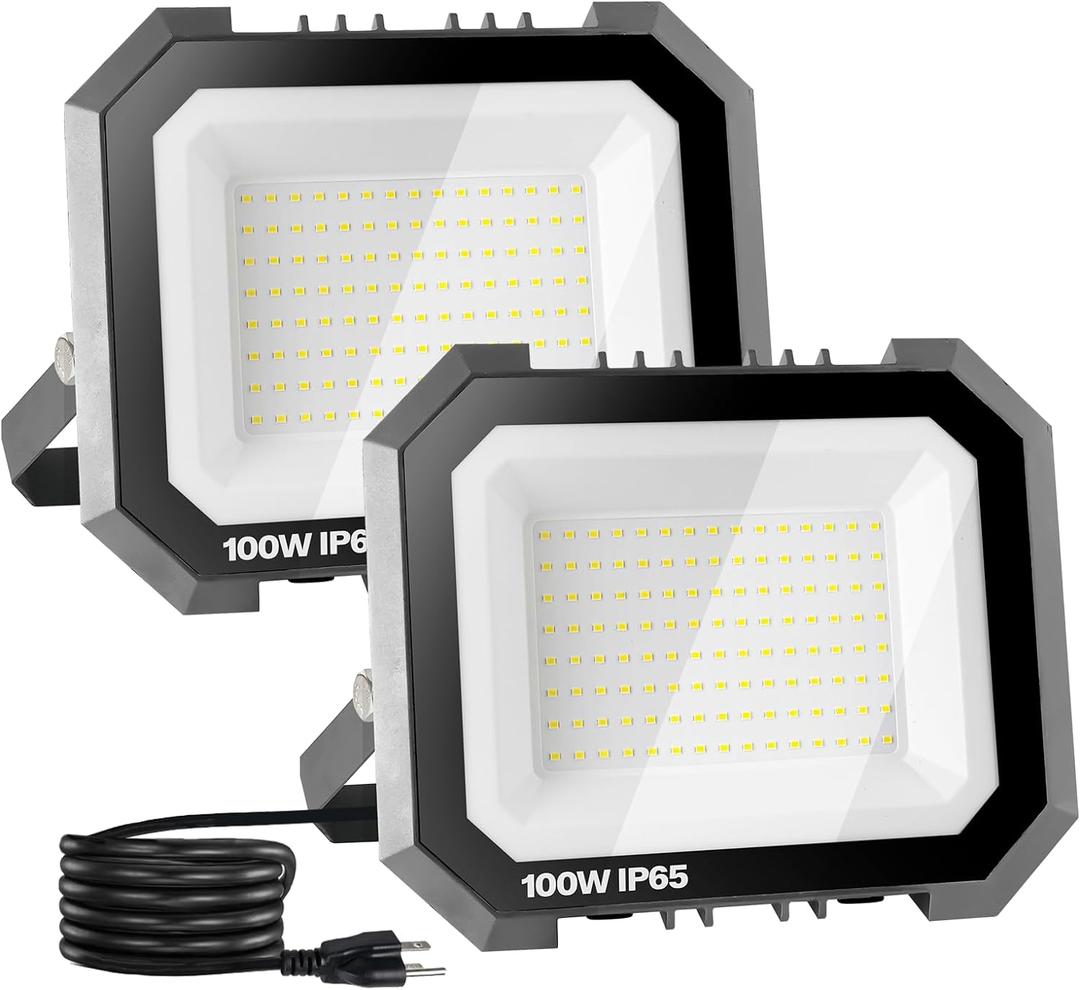 2 Pack LED Flood Lights Outdoor, 100W 10000LM Super Bright Floodlight Outside Work Light with 5.9FT Plug, IP65 Waterproof 6000K Outdoor LED Flood Light for Garage, Yard, Lawn, Garden (100W, 2 Pack-100W)