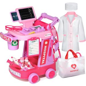 Phobby Doctor Kit for Toddlers Aged 3 4 5, Medical Pretend Play Set for Kids with Bag and Costume, Doctor Cart Toy for Girls Boys Birthday Gift (Pink)