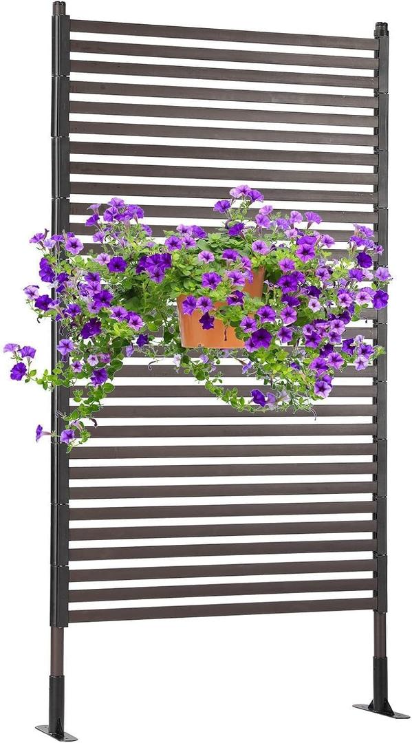 Metal Outdoor Privacy Screen with Stand, 3 ft W x 6 ft H PE-Coating Steel Pipes and Slats Panels, Decoative Privacy Screen Fence Panels Freestanding for Outside Patio Garden Backyard, Brown