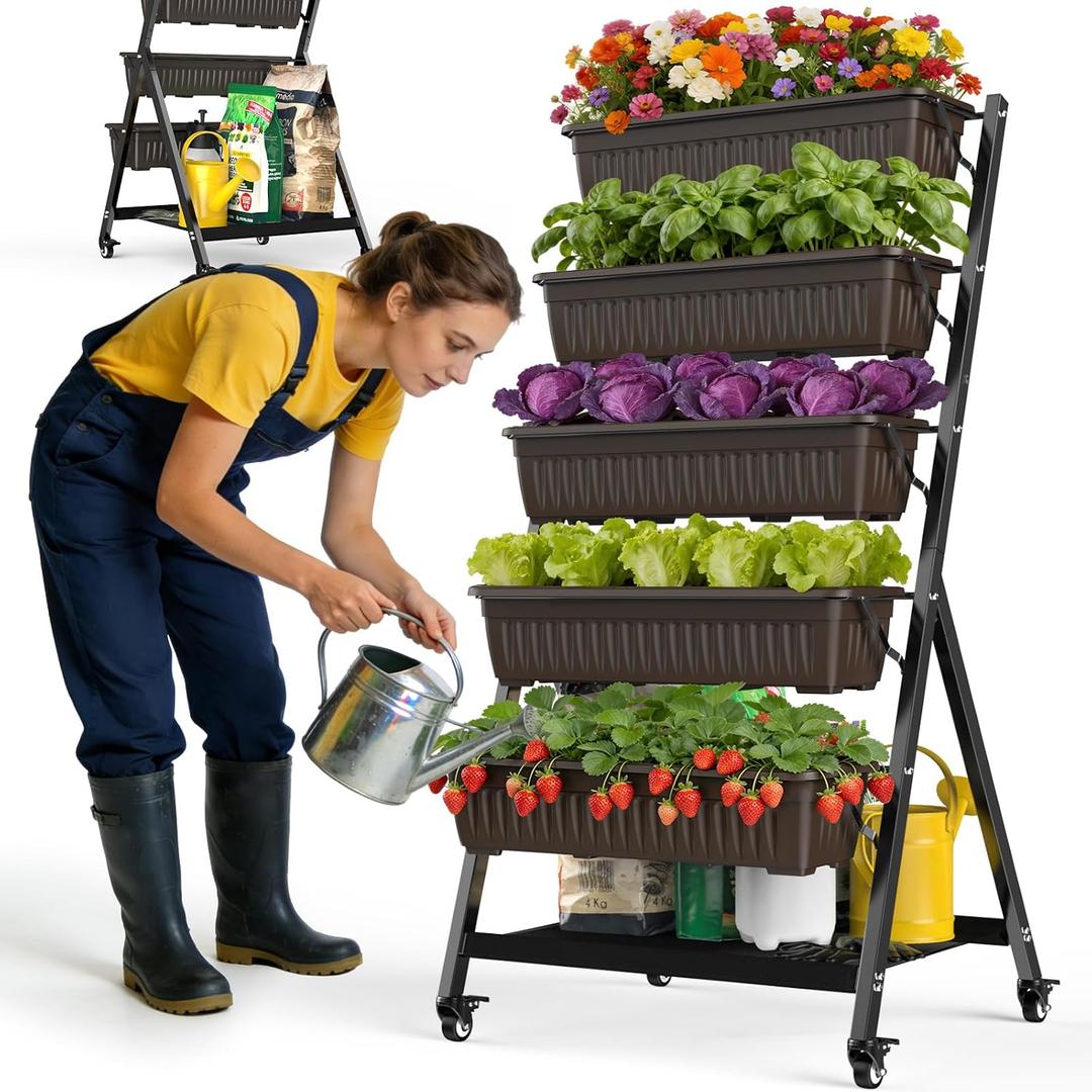5-Tier Vertical Garden Bed Planter Boxes with Wheels, Drainage System & Storage Space, Mobile Vertical Garden Planter with 5 S-Hooks for Plants Vegetables Flowers Herbs in Garden Patio Yard, 25.6 inches x 26 inches x 48 inches