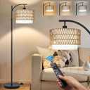 Arc Floor Lamp for Living Room Boho Floor Lamps with Remote Control & with 3 Color Temperatures,Rattan Wicker Standing Lamp Dimmable Tall Floor Lamp for Bedroom Living Room Corner (11.9Inch, double-deck)