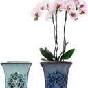 Ceramic Orchid Pots with Holes attached Saucers 4.8 Inches - Set of 2 Small Square Orchid Pots for Repotting, Decorative Ceramic Orchid Planter with Hole for Healthy Root Growth Blue and Green