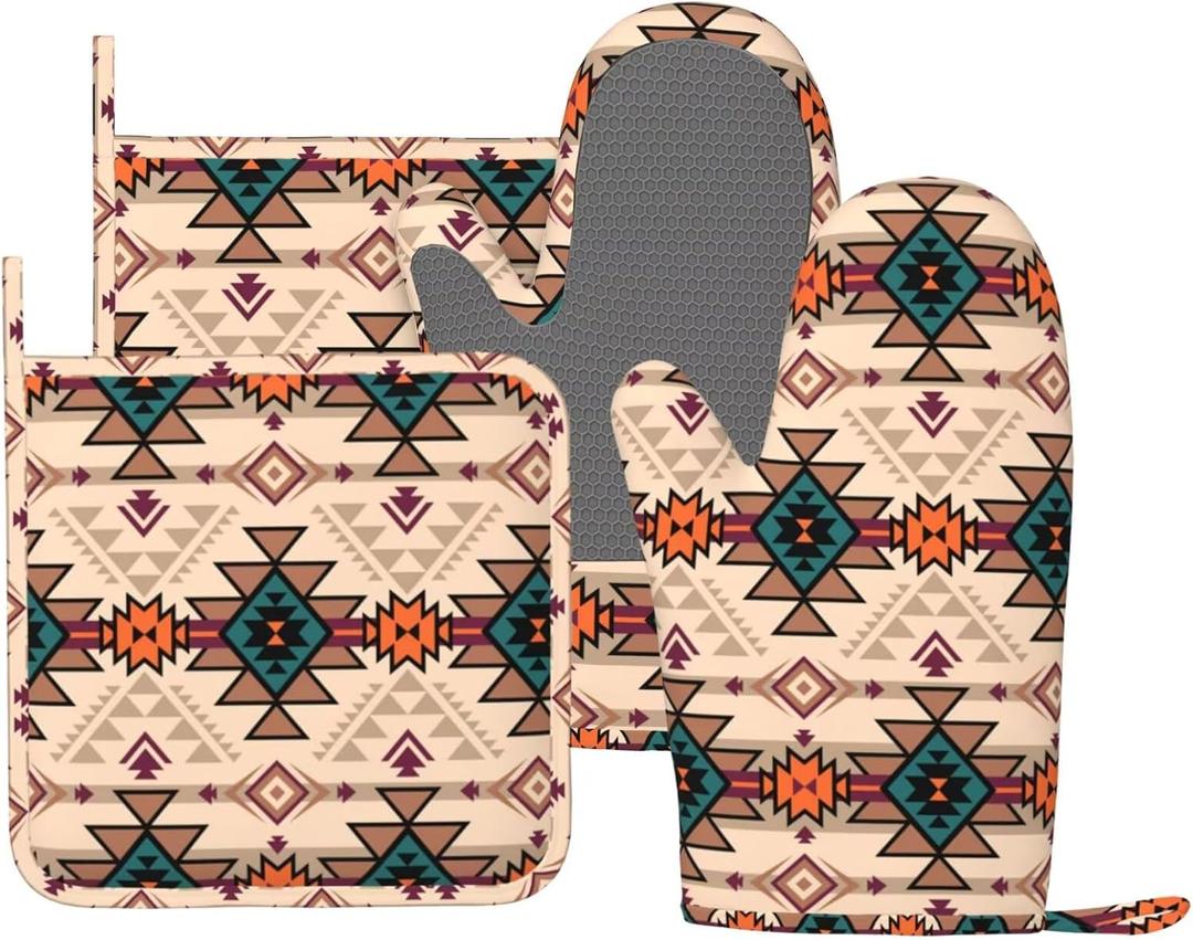 Aztec Print Oven Mitts Pot Holders Set Silicone Native American Kitchen Gloves Western Tribal Potholders Non-Slip Heat Resistant for Chef Baking Cooking Grilling BBQ 4 pcs Kitchen Mitts (Orange Green)