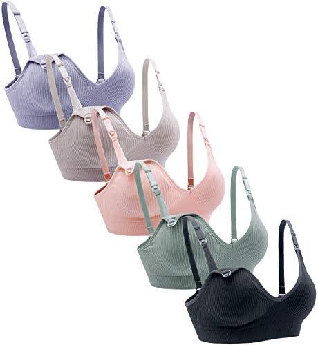Suekaphin Nursing Bra 5pack Wireless V Neck Maternity Nursing Bra Bralette Low Cut Sleeping Breastfeeding with Extenders, Size: M