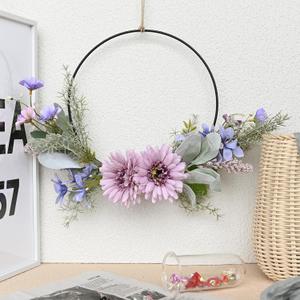 Weldomcor Artificial Floral Wreath for Front Door Floral Hoop Wreath Decor with Purple Flowers Green Leaves Garland Spring Wall Window Home Hanging Decorations