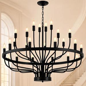 Shandaglo Large Black Chandelier 24-Light, Round 3-Tier Wagon Wheel Fixture, 39 in Farmhouse Candle Pendant with E12 Base for Dining Room, Foyer, Living Room, Hallway, High Ceiling