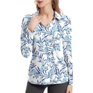 FKEEP Women's Tennis Golf Shirt Long Sleeved Top Sport Activewear V-Neck Workout Athletic (Blue, XS)