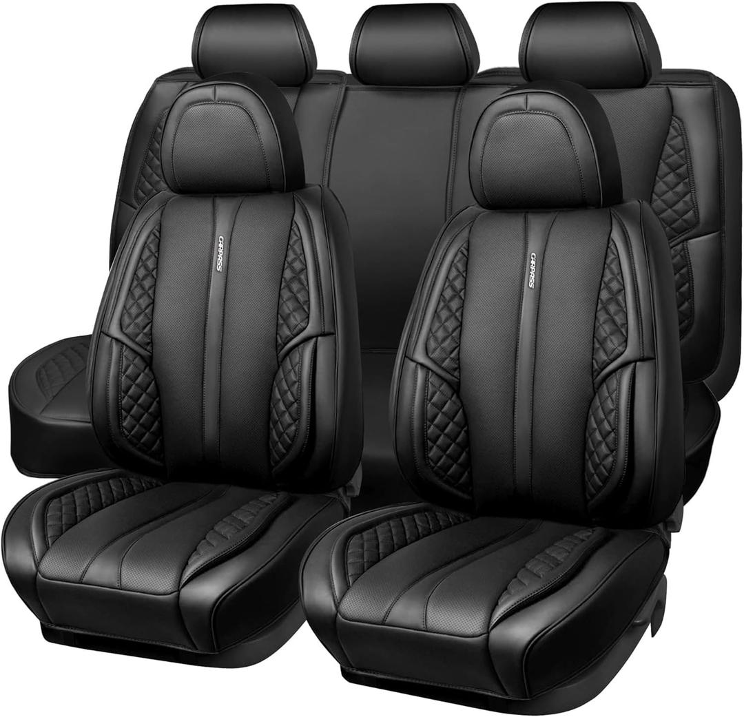 CAR PASS Nappa PU Leather Car Seat Covers Full Set Waterproof Protector Durable Cushioned,Universal Fit for Sedan SUV Pick-up Truck,Automotive, Anti-Slip and Backseat Luxury Premium Deluxe(Black)