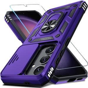 Janmitta Compatible with Samsung Galaxy S24 FE Case Built in Slide Camera Lens Cover+Screen Protector+Finger Ring Holder Kickstand,Heavy Duty Shockproof Full Body Phone Cover,2024 Purple
