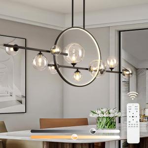 KELUOLY 10 Lights Modern Pendant Light Fixtures, 54" Black Dimmable Mid-Century Dining Room Large Bubble Chandeliers, Linear Kitchen Island Lights with Spherical Clear Glass Shade for bar, Cafe