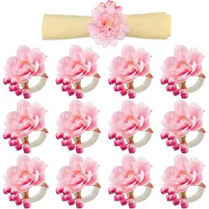 Chengu 12 Pcs Pink Floral Napkin Rings Spring Handcraft Flower Napkin Rings Rose Peony Holder Table Decoration for Easter Wedding Banquet Birthday Party