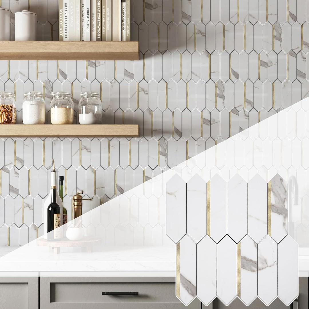 KASARO Peel and Stick Backsplash Long Hexagon Wall Tile, 10-Pieces PVC Self Adhesive Mosaic Tiles, Marble White with Vintage Gold Stripes Decorative for Kitchen, Bathroom and Fireplace