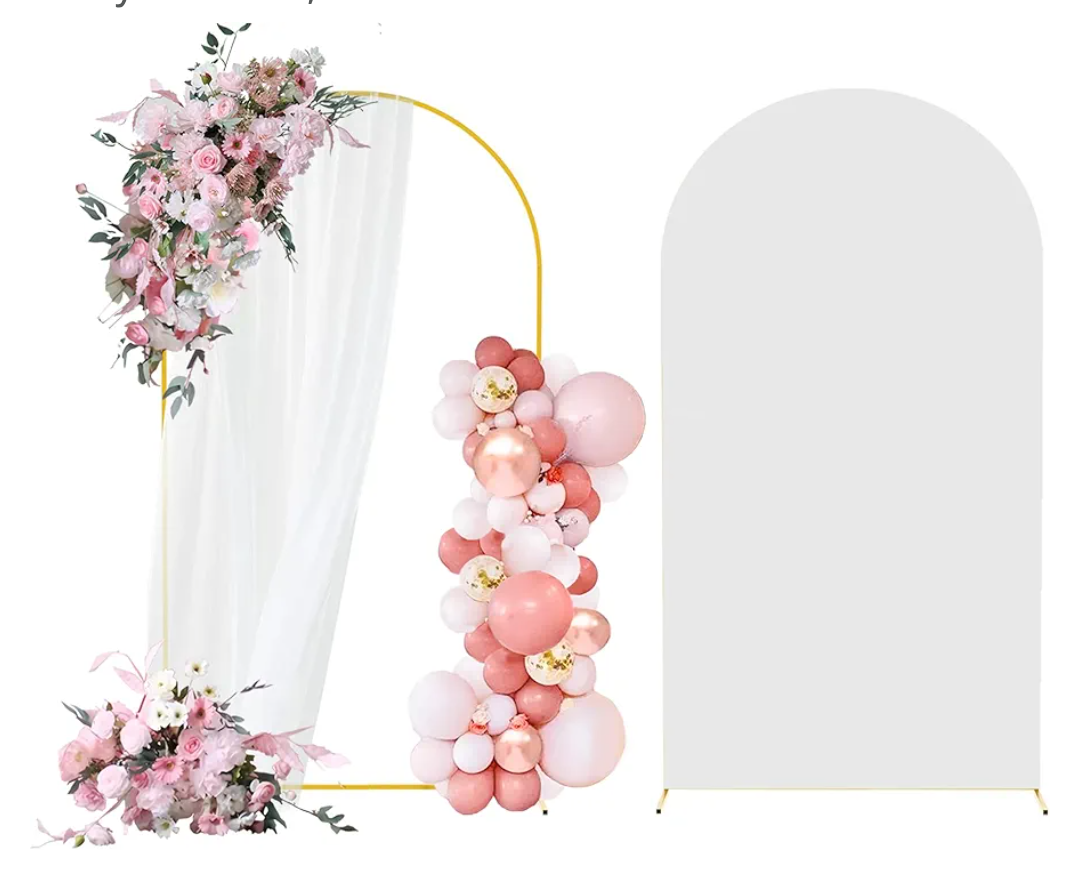 Rtshuok 6.6FT Arch Backdrop Stand and Arch Cover Set, Gold Metal Arch Stand Backdrop with White Arch Stand Cover Ideal for Weddings, Birthday Parties, Baby Showers, Celebration Decorations