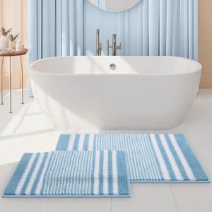 Tindbea Bathroom Rugs Set 2 Piece, Extra Soft and Absorbent Fluffy Striped Chenille Bath Mat Rug Set, Non Slip Bathroom Floor Mat, Machine Washable (20" x 32" Plus 16" x 24", Blue)
