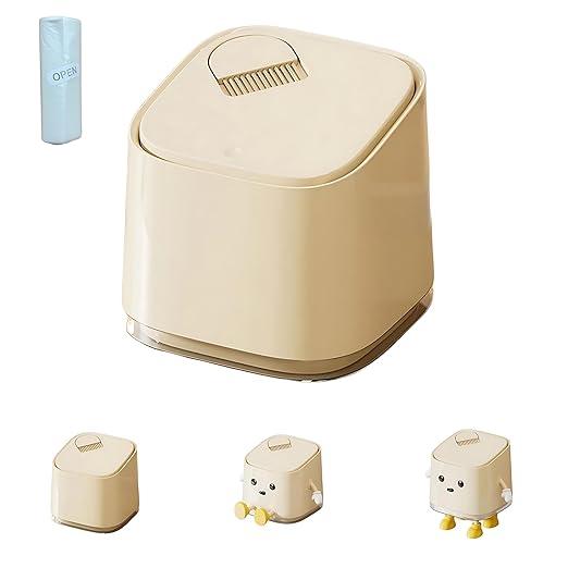 Desk Mini Cute Trash Can with Lid and Brush Small Desktop Trash Can for Bathroom, Bedroom, Kitchen, Car, Office flip top Waste Basket Hidden Bag Compact Small Garbage Bin (Basic)