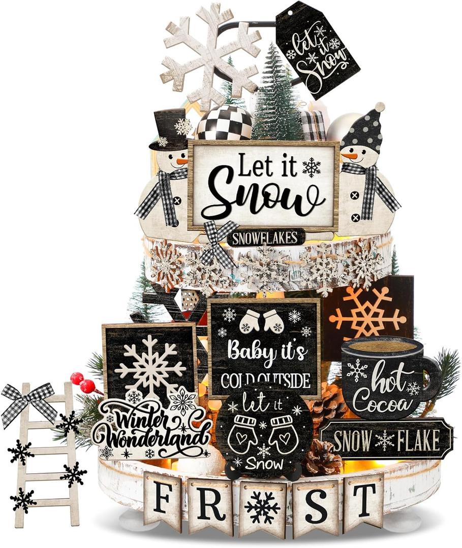Nuogo 25 Pcs Winter Tiered Tray Decor Wood Rustic Winter Decoration for Home Christmas Snowflake Table Shelf Farmhouse Let It Snow Decor Xmas Snowman Signs for Table Holiday