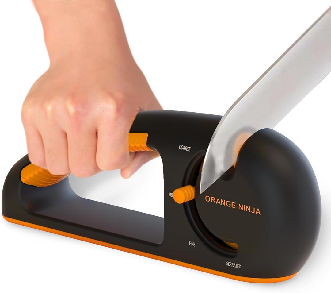 Orange Ninja 4-Stage Knife Sharpener -Kitchen & Serrated Knife Sharpener - Manual Knife Blade Sharpener tool for Kitchen, Chef, filet Knives by Sharp Pebble