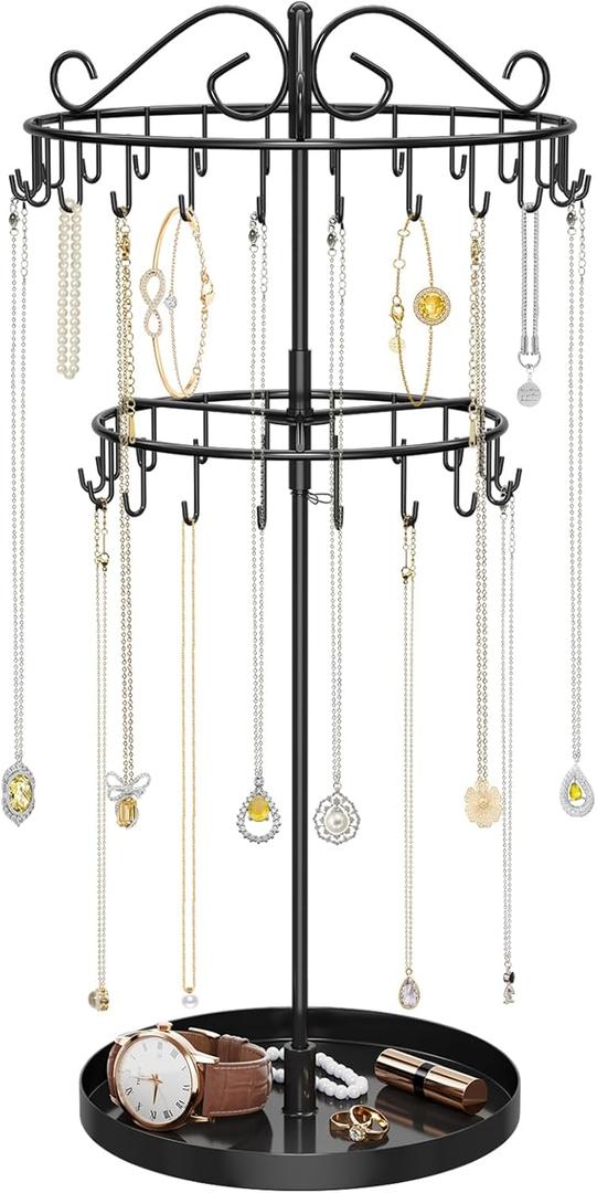 iDavosic.ly 2 Tier Rotating Necklace Organizer with Jewelry Tray, Adjustable Metal Necklace Holder with 42 Hooks, Extra Tall Bracelet Keychain Spinning Display Stand Tree Tower for Women, Black