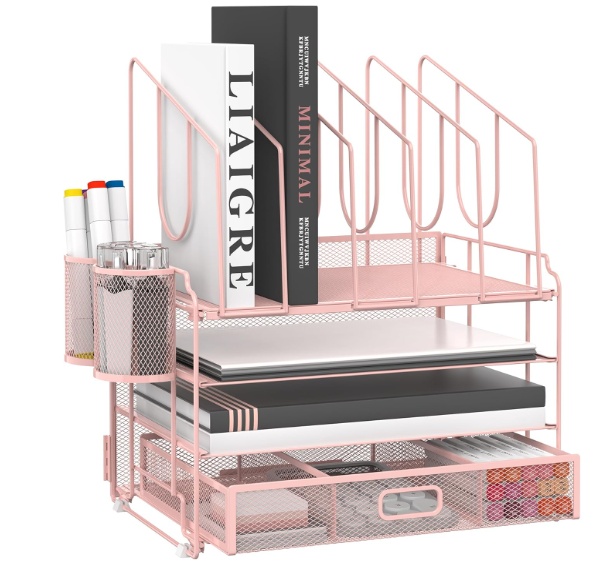 Marbrasse Desk Organizers, 4Tier Mesh Desk File Organizer with 5 Vertical File Holders and 2 Pen Holders, Multifunction Desktop Organizer,Desk Organizers and Accessories for Home Office (Pink)