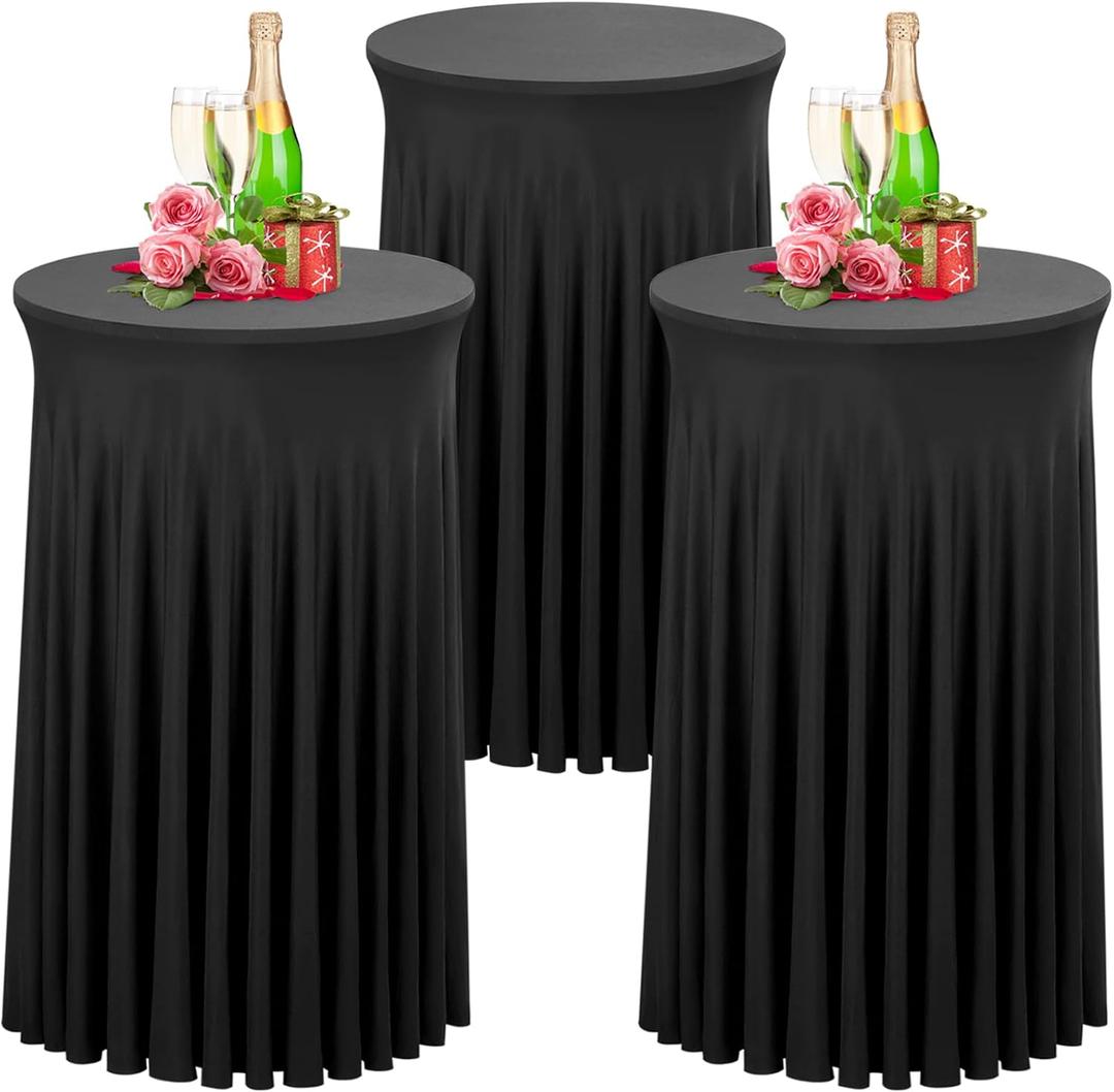 Babenest 24"x 43" Round Cocktail Table Skirt, 3 Pack Spandex Stretch Round Tablecloths with Natural Wavy Drapes, Fitted High Top Bar Cocktail Table Covers for Wedding Party Birthday Banquet (Black)