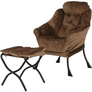 Lazy Chair with Folding Ottoman,Living Room Chairs, Accent Contemporary Lounge Chair, Single Steel Frame Leisure Sofa Chair with Armrests and A Side Pocket (Brown)