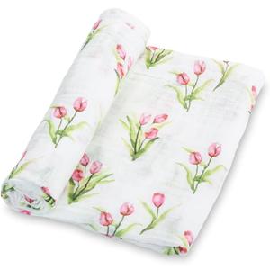 LollyBanks Baby Swaddle Blanket, 100% Muslin Cotton Muslin Blankets for Girls, Large 47 x 47 Inches Soft and Breathable Swaddles for Newborns, Gentle Baby Wrap Swaddle, Registry (Tulip Print)