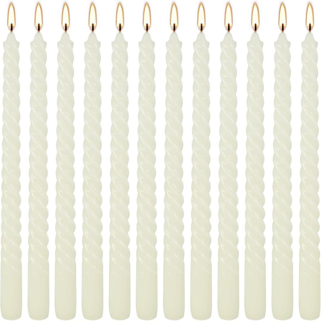 WPONSZU 10 Inch Ivory Spiral Taper Candle Set of 12 Pack Unscented Dripless Candlesticks for Valentine's Day,Dinner,Party,Brithday,Wedding,Christmas,and Home Decoration