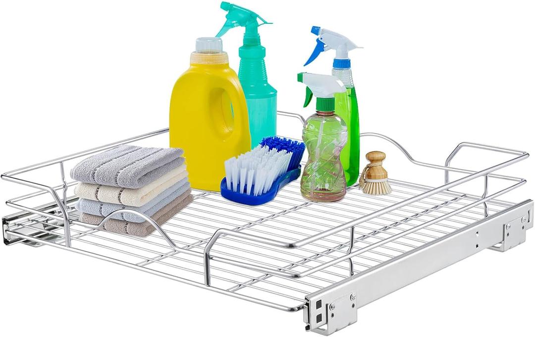 OCG Pull Out Cabinet Organizer (14.75" W x 17" D), Pull out Drawers, Cabinet Pull Out Shelves for Base Cabinet Organization in Kitchen Bathroom Pantry, Bottom Mount, Chrome Finish (14.75W17D)