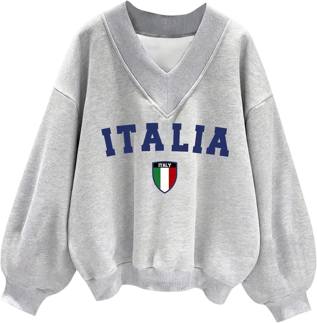 WDIRARA Women's V Neck Letter Graphic Oversized Sweatshirt Long Sleeve Drop Shoulder Pullover Top (Grey)