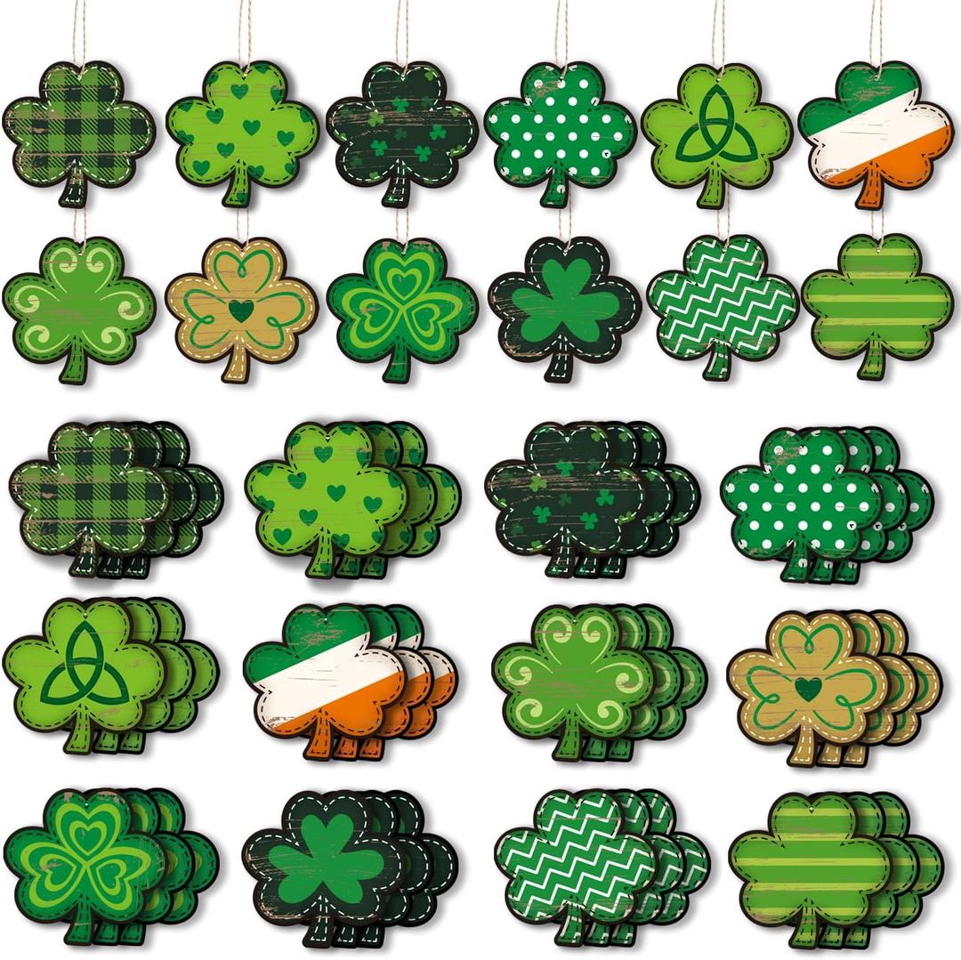 2 x St. Patricks Day Decorations, 36 Pcs Wooden St. Patricks Day Ornaments, Shamrock Hanging Ornaments St Patricks Day Tree Decorations with Twine for Home Party Decor, 12 Styles
