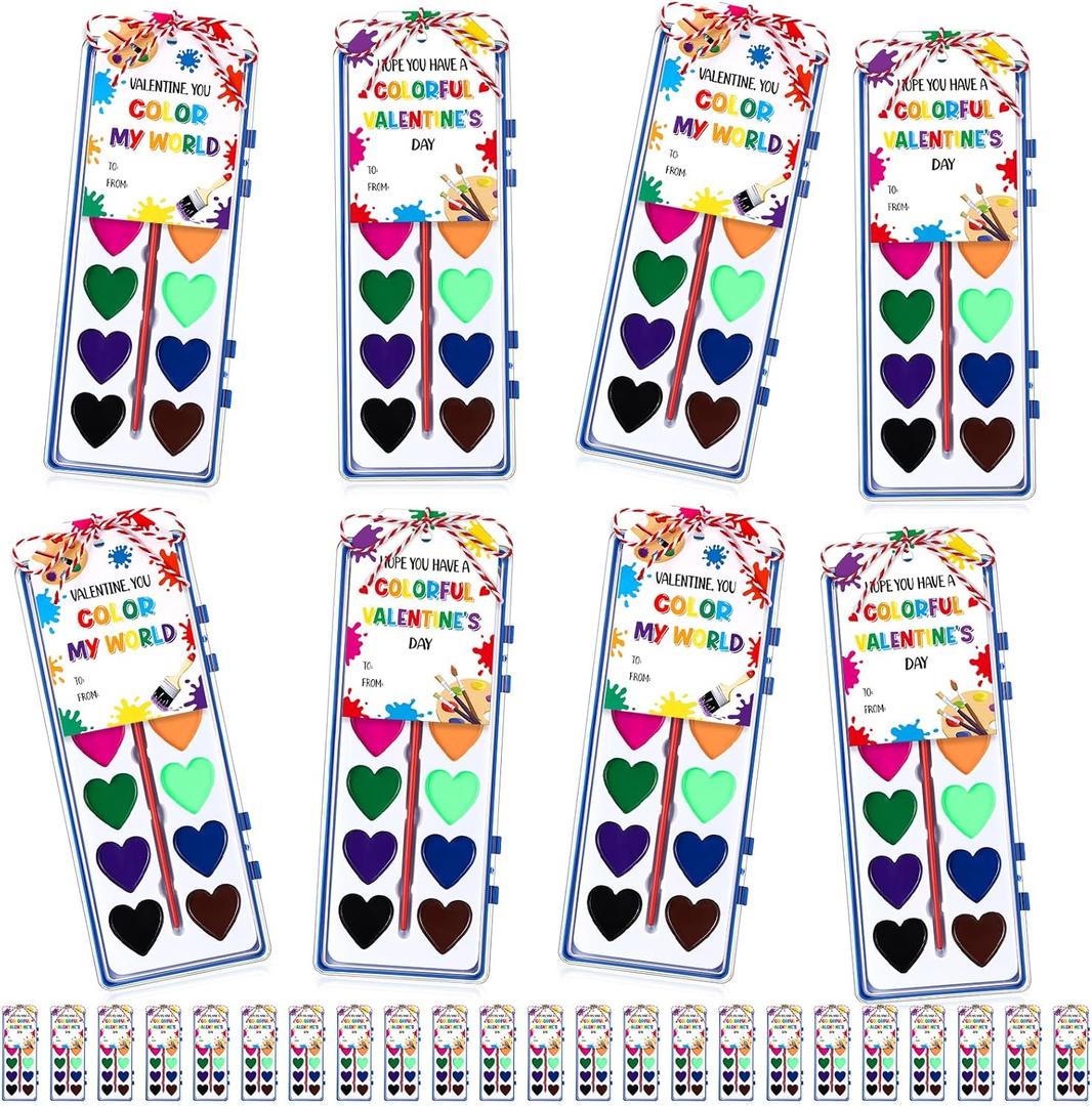 Sabary 28 Pack Valentines Day Watercolor Paint Sets Gifts Washable Watercolor Paintings with Card and 20 Meters Red Rope for Art Gifts Exchange Bulk