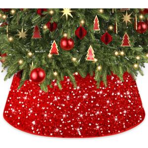 Christmas Red Tree Collar 28" Xmas Tree Collar for Artificial Trees Velvet Fabric Christmas Tree Base Cover with Sequin Christmas Tree Skirt Foldable Tree Ring for Home Decoration Supplies (28.3 Inch)