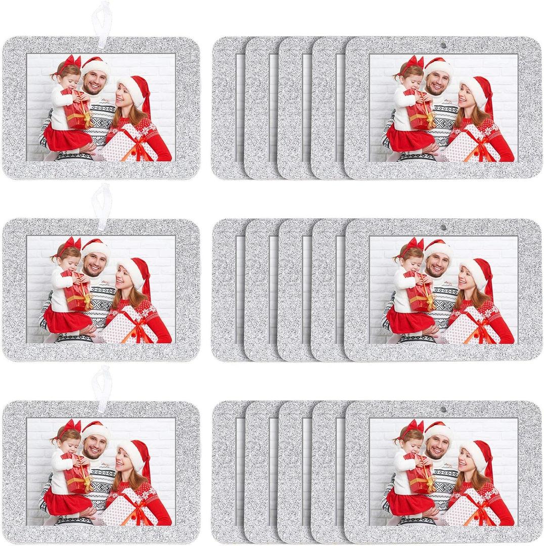 Jetec 36 Pieces Christmas Photo Ornament Frames Mini Felt Glitter Hanging Photo Frame Small Holiday Frames Christmas Tree Decoration for Present Christmas Tree Picture Frames (Silver)