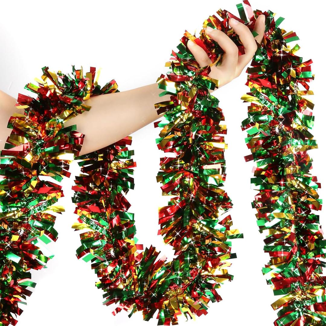 50 Feet Christmas Tinsel Garland Metallic Twist Shiny Hanging Garland for Christmas Tree Decorations Holiday Home Indoor Outdoor Decoration - Red Green Gold