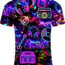 uideazone Mens Funny Hawaiian Shirts 3D Graphic Button Down Short Sleeve Tropical Holiday Beach Aloha Shirt (XX-Large, Neon Music)