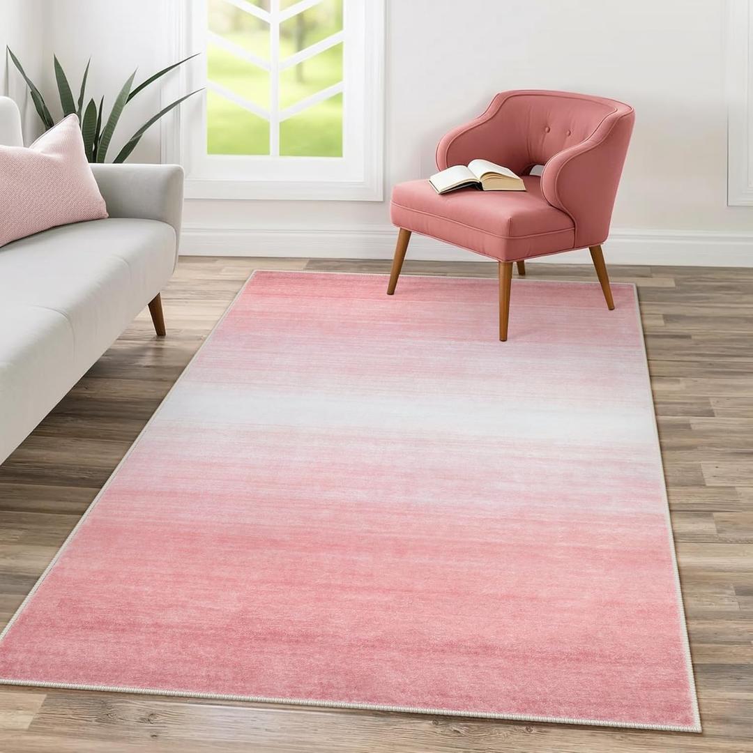 Lahome Modern Ombre Pink Rug, 3x5 Washable Rug for Dorm Ultra-Thin Soft Bedroom Rug Gradient Non Slip Accent Carpet for Living Room Nursery Classroom3'x5',Pink