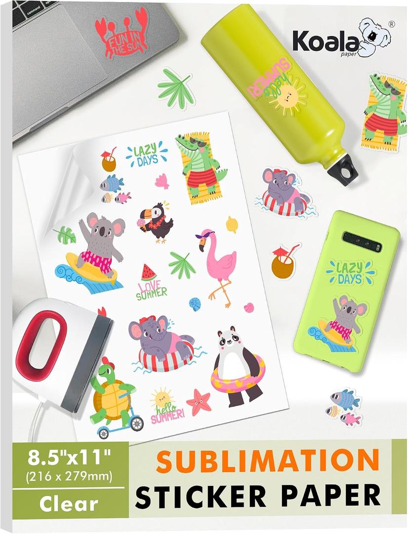 Koala Sublimation Sticker Paper 100% Transparent Waterproof Vinyl 8.5x11 inch 25 Sheets, Quick Dry Vivid Colors Holds Ink Well