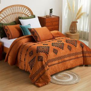 Cmfshape Luxurious Velvet Comforter Set Double-Sided,Bohemian Embroidered Burnt Orange Bedding,Ultra Soft Lightweight 3-Piece Set,Queen 90"x90"