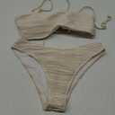 ZAFUL Women Strapless Textured Bandeau Bikini 2 Piece Swimwear Cheeky Solid Lace up Bathing Suits (Medium, 1-beige)