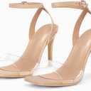 Coutgo Womens Clear Heels Sandals Square Toe Ankle Strap Sexy High Heeled Stiletto Dress Shoes (Beige), Size 8.5