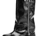 TEAIEUI Knee High Boots Women Chunky Platform Moto Riding Boots Slouchy Fold Over Wide Calf Motorcycle Biker Boots for Women with Fashion Buckle (6, Black)