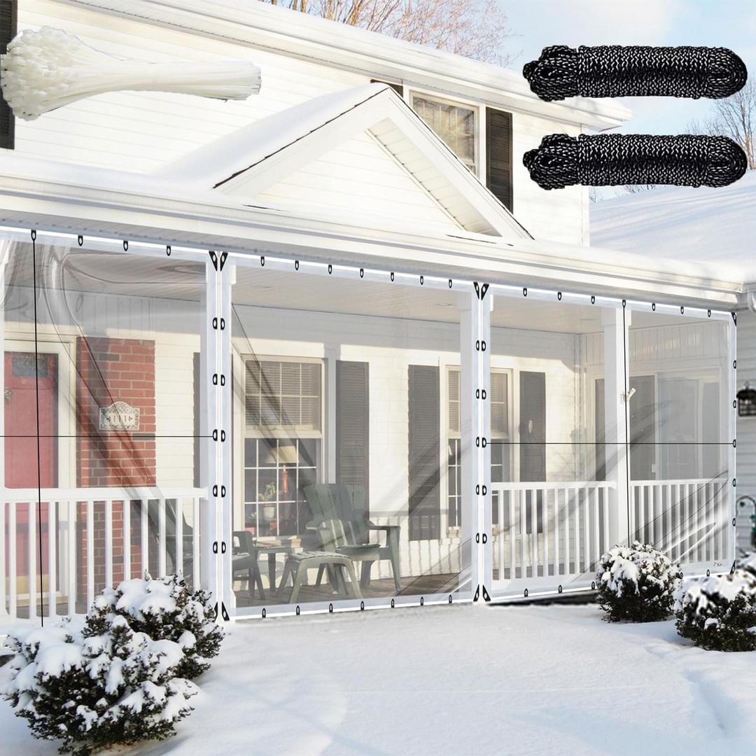 8x10FT Clear Waterproof Tarps(Increase Grommets,Windproof Rope +Ties) Poly Tarpaulin Outdoor Garden Rainproof Covering,Clear Vinyl Tarp with for Patio,for Covering Henhouse Porch Canopy Plant Camping